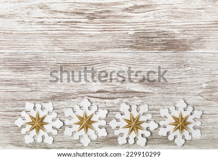 Christmas Wooden Grunge Background, Snowflake Toy Decoration, White Wood Board, Xmas Decorative Holiday Texture for Greeting Card