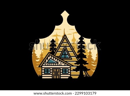 Illustration badge design of an aesthetic wood house between two pine trees