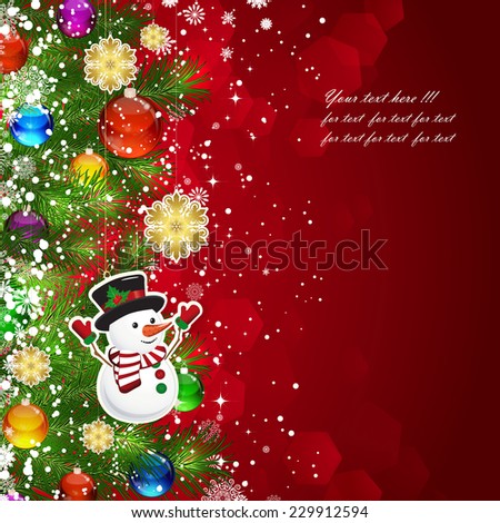 Christmas background with Christmas tree branches decorated with glass balls and toys.