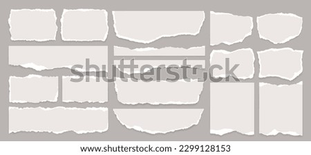 Set of torn note or notebook paper strips on dark background. Ripped newspaper sheet, scrapbook edge or blank banner split illustration. Realistic ornament or decoration clip art for social media. Royalty-Free Stock Photo #2299128153