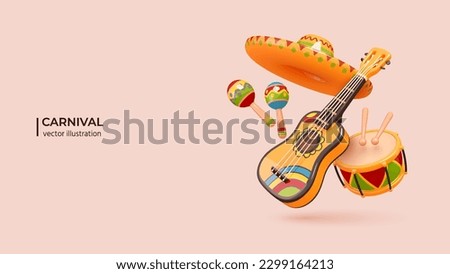 3d Illustrated cartoon set of mexican party accessories. Realistic 3d design of Guitar, Maracas, Sombrero and Drum in cartoon minimal style. Vector illustration Royalty-Free Stock Photo #2299164213