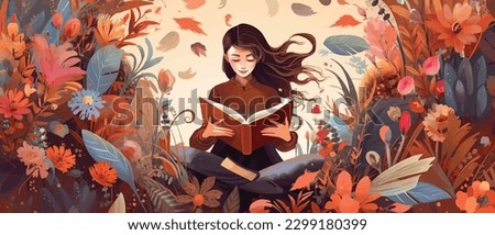 Young woman opening a huge open book surrounding the many flowers, leaves, plants. Back to school, library concept design. Vector illustration, poster and banner Book festival concept Royalty-Free Stock Photo #2299180399
