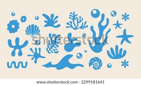Marine life illustration pattern vector corral, shell, scallop, starfish, deep sea background layout silhouette printable Royalty-Free Stock Photo #2299181641