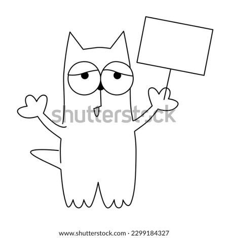 Comic cat with big eyes and funny muzzle standing and holding placard with text space. Creative expression of home animals. For veterinary or pet shelter. Vector illustration.