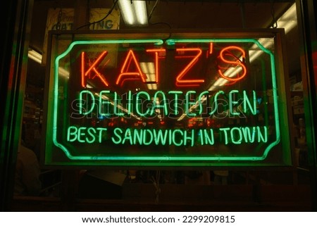 Katzs Delicatessen vintage signs at night, Manhattan, New York
