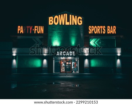 Bowling alley signs at night, Massapequa, New York