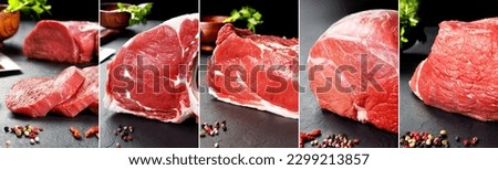Set of different raw and fresh meats on black stone background.Photo collage, banner concept for butcher shop.