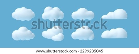 3d cloud. White cartoon fluffy clouds in bubble shape in blue sky, summer rounded cumulus icons. Weather forecast realistic symbols vector set. Outdoor nature, spring weather cloudscape Royalty-Free Stock Photo #2299235045