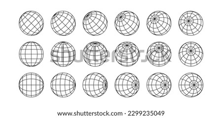 3D spheres grids. Globe meshes, ball in various position. Striped 3D orbs, earth globe grid linear wireframe vector line symbol isolated set. Sphere shape with from, top and side views