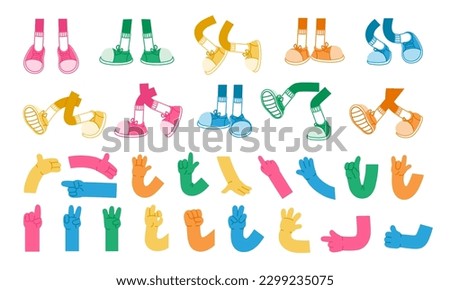 Cartoon hands and leg. Retro color comic leg in sneakers, mascot arm and hand, feet in trainers walking, expression pose, cute doodle gesture. Vector set. Feet movements, body language Royalty-Free Stock Photo #2299235075