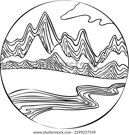 Landscape with the river flows in front of the mountains inside the circle vector illustration