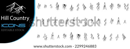 editable line with a stroke. Vector drawing with strokes on a white background of a vector illustration of a hill country design logo On a white background, a group of hill country logo icons 