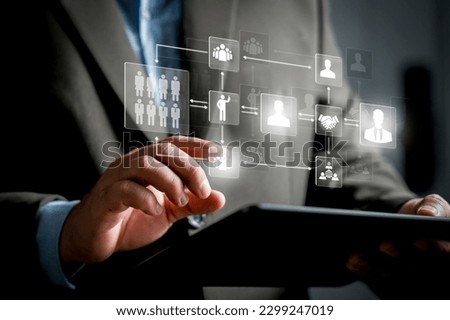 Business hierarchy structure. Relations of order or subordination between members. Business process and workflow automation with flowchart. Virtual screen Mindmap or Organigram. Royalty-Free Stock Photo #2299247019