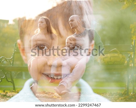 A 10-year-old smiling pretty boy and his parents in double exposure. Happy family in autumn park