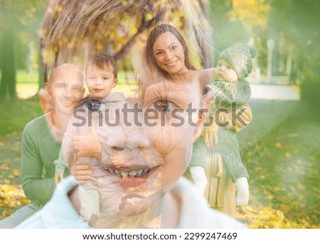 A 10-year-old smiling pretty boy and his parents and sister in double exposure. Happy family in autumn park. Bokeh.