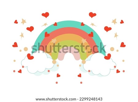 Drawn by hand doodle rainbow with clouds, hearts and stars. Isolated design element on white background cartoon style for greeting card, birthday, mother's day, valentine's, holiday, baby shower.