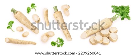 Parsley root with slices and leaves isolated on white background. Top view. Flat lay Royalty-Free Stock Photo #2299260841