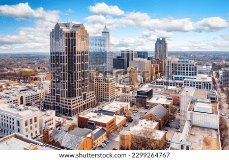 Aerial view of Raleigh, North Carolina skyline on a sunny day. Royalty-Free Stock Photo #2299264767