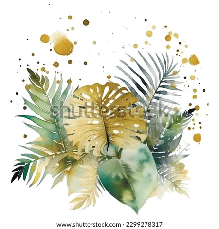 Watercolor beautiful tropical pattern. Dirty spotty watercolor vector background. Hand drawn paint green palm branches, leaves. Modern artistic tropic ornament. Isolated element on white background.
