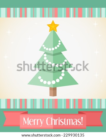 Colorful holiday Christmas card with decorated fir tree and red ribbon
