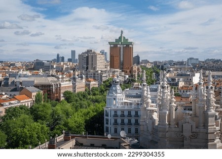 Aerial view of downtown Madrid Skyline with Paseo de Recoletos and Colon - Madrid, Spain