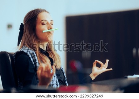 
Office Woman Balancing a Pen Under her Nose in Breathing Exercise. Businesswoman trying to relax in need to unwind from work
 Royalty-Free Stock Photo #2299327249