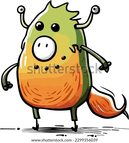 Cute style eps drawing of a fun, friendly little pet monster mascot character with antenna eyes, orange and green skin with a little tail. Fun sticker illustration collection for kids