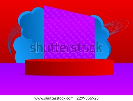 Blue, red and purple minimal geometric forms product display. Sci-fi mockup cylinder pedestal podium. Futuristic stage showcase for presentation.