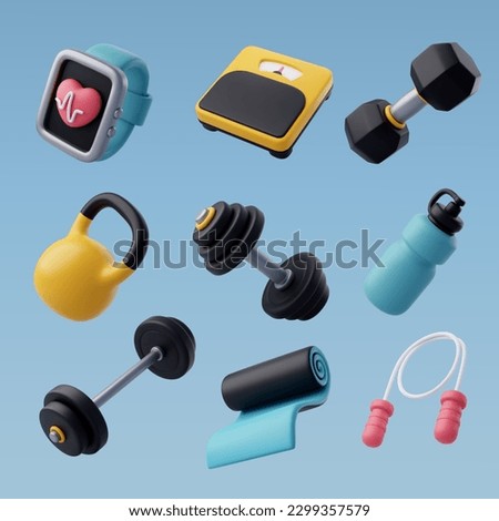Set of 3d Vector of Workout gym tools, Sport equipment, Gym time concept. Eps 10 Vector. Royalty-Free Stock Photo #2299357579