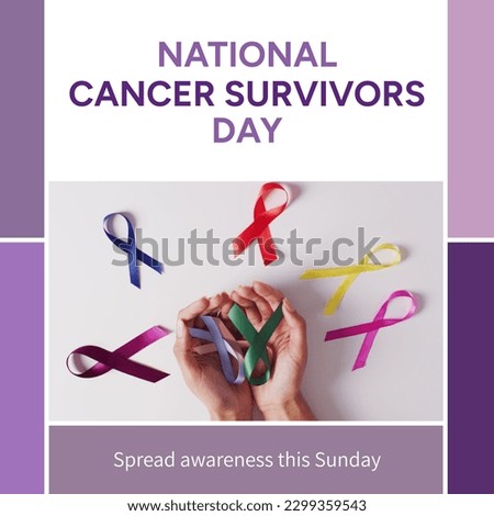 Composition of cancer survivors day text over hands with colourful ribbons. National cancer survivors day and celebration concept digitally generated image.