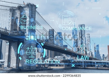 Brooklyn bridge with New York City Manhattan, financial downtown skyline panorama at day time over East River. Glowing hologram legal icons. The concept of law, order, regulations and digital justice