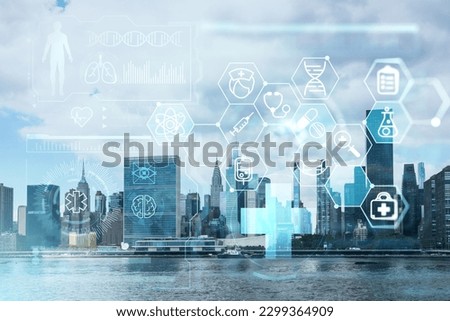 New York City skyline, United Nation headquarters over the East River, Manhattan, Midtown at day time, NYC, USA. Health care digital medicine hologram. The concept of treatment and disease prevention
