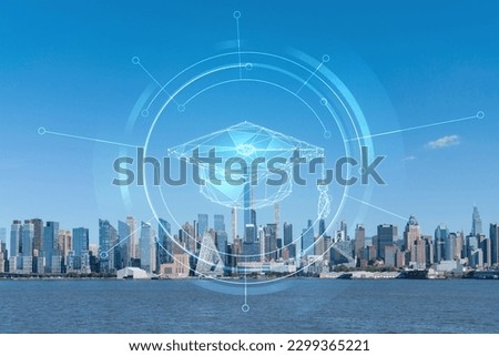 New York City skyline from New Jersey over the Hudson River towards Midtown Manhattan at day time. Technologies and education concept. Academic research, top ranking university, hologram