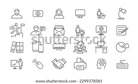 Office icon set. Containing briefcase, desk, computer, meeting, employee, schedule and co-worker symbol. Solid workspace icons vector collection.
 Royalty-Free Stock Photo #2299378581