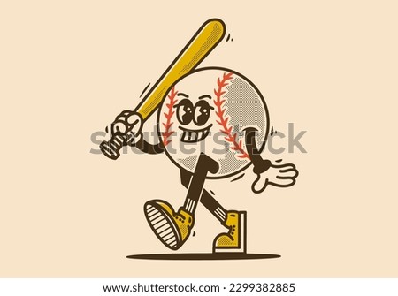 Mascot character design of baseball ball holding a stick in vintage style