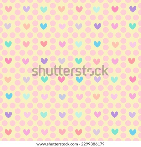 Seamless Pattern Cute Polka dot with little heart in multi pastel colors. Design for wrapping paper, gift, fabric, cloth, wallpaper, dish, plate, cup, mug. Vector.