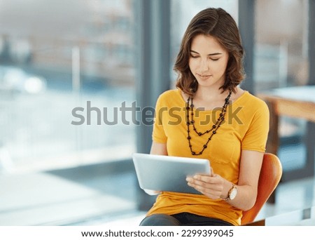 Business woman with tablet in office, research ideas and inspiration for project with SEO at digital marketing agency. Creative female designer, content for website and technology with mockup space