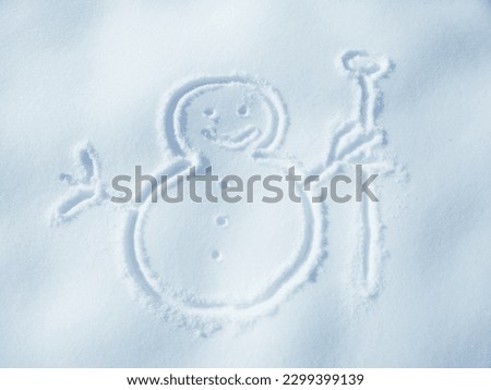 Snowman drawing in snow, winter and nature for art, cold weather and Christmas holiday creativity. Icon, symbol and sign with magic, ice and frozen outdoor for artistic or creative top view frost