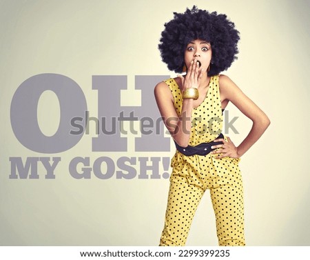 Portrait, surprise and black woman with retro fashion, smile and announcement with excitement. Face, female person or girl excited, stylish outfit or trendy clothes with facial expression, omg or wow Royalty-Free Stock Photo #2299399235