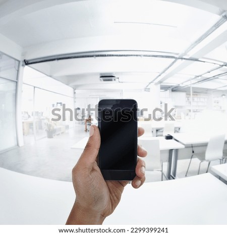 Pov, phone screen and mockup with hands of person in office for communication, website and digital. Technology, internet and contact with closeup of business man for social media, connection and text
