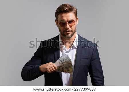 Business man with money banknotes. Male entrepreneur with dollar bills. Lucky boss, insurance agent, manager. Freelancer with cash. Mock up, for white banner with copy space.