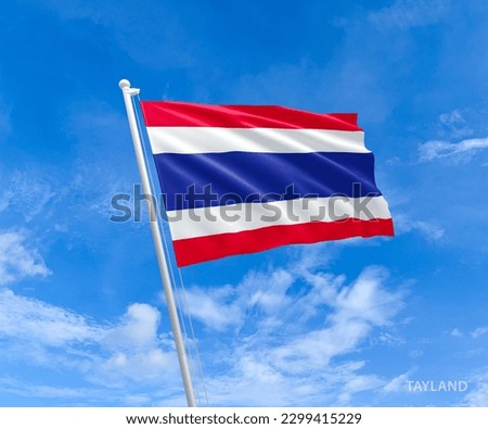 Flag on Thailand flag pole and blue sky, Flag of Thailand fluttering in blue sky big national symbol. Waving red, white and dark blue Thailand flag, Independence Constitution Day. Royalty-Free Stock Photo #2299415229