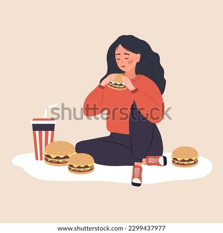 Eating disorder. Depressed woman eating fast food. Concept of extreme overeating. Bad habits. Food addiction. Vector illustration in flat cartoon style. Royalty-Free Stock Photo #2299437977