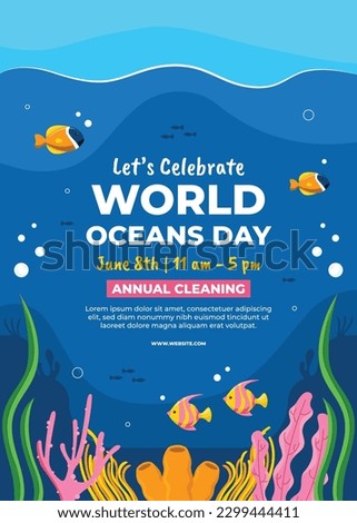 World oceans day. World ocean day. June 8. underwater ocean background. dolphin, shark, coral, fish, sea plants, stingray, turtle. design, poster, banner, template. save ocean. vector illustration. Royalty-Free Stock Photo #2299444411