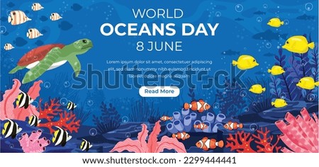 World oceans day. World ocean day. June 8. underwater ocean background. dolphin, shark, coral, fish, sea plants, stingray, turtle. design, poster, banner, template. save ocean. vector illustration. Royalty-Free Stock Photo #2299444441