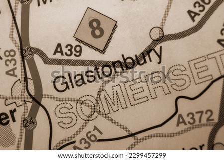 Glastonbury, United Kingdom atlas map town name - sepia