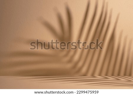 Abstract background of shadows palm leaves on a sand color wall. Summer beach concept with palm tree leaf.
