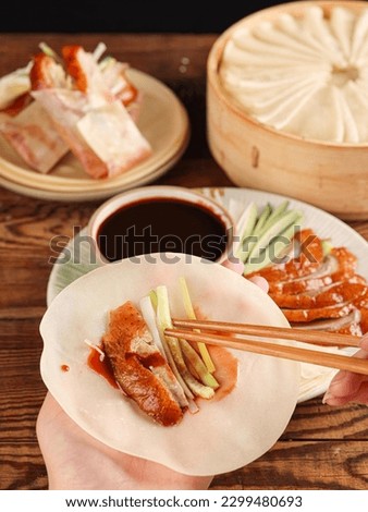 Peking duck or Beijing roast duck,Pancakes made from flour served with duck, a famous dish in Beijing, China