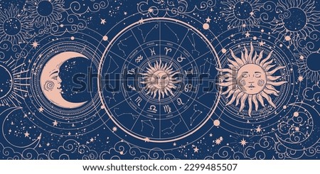 Modern astrology banner, vintage horoscope zodiac wheel with 12 signs and constellations, sun and moon with face, clouds and stars, havently mystical blue background. Hand drawn vector illustration. Royalty-Free Stock Photo #2299485507