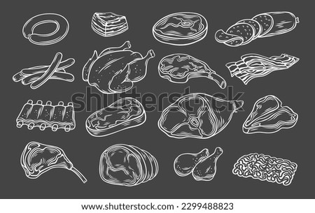 Meat outline icons set vector illustration. Hand drawn beef and pork steaks with or without bone, barbecue sausages and ribs, chicken and prosciutto in white line butchery meat collection on black Royalty-Free Stock Photo #2299488823